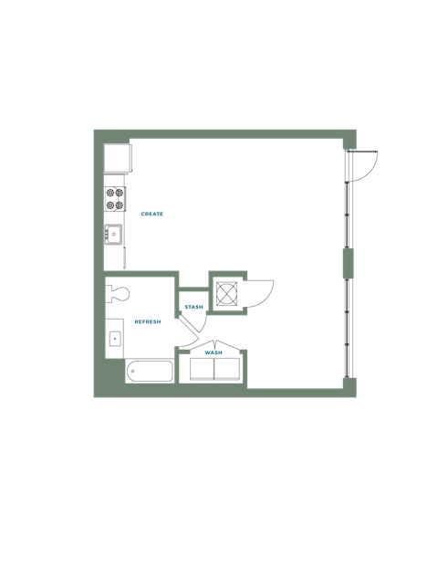 Floor plan for 1 bed, 1 bath, 664 sqft